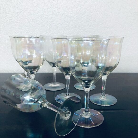Vintage Fostoria Mother of Pearl Iridescent Wine Glasses Goblets 10-pc Set - Picture 3 of 7